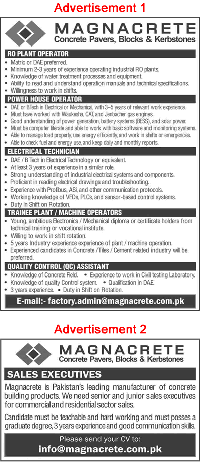 Magnacrete Pvt Ltd Karachi Jobs May 2025 Trainee Plant / Machine Operators, Sales Executives & Others Latest
