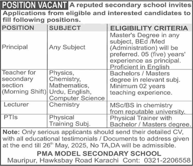 PMA Model Secondary School Karachi Jobs May 2025 Teachers, Lecturers & Principal Latest