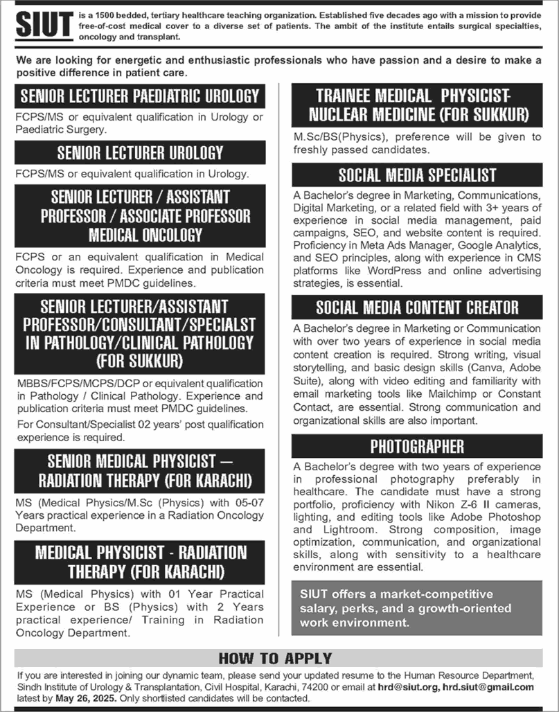 SIUT Hospital Karachi / Sukkur Jobs May 2025 Teaching Faculty & Others Latest