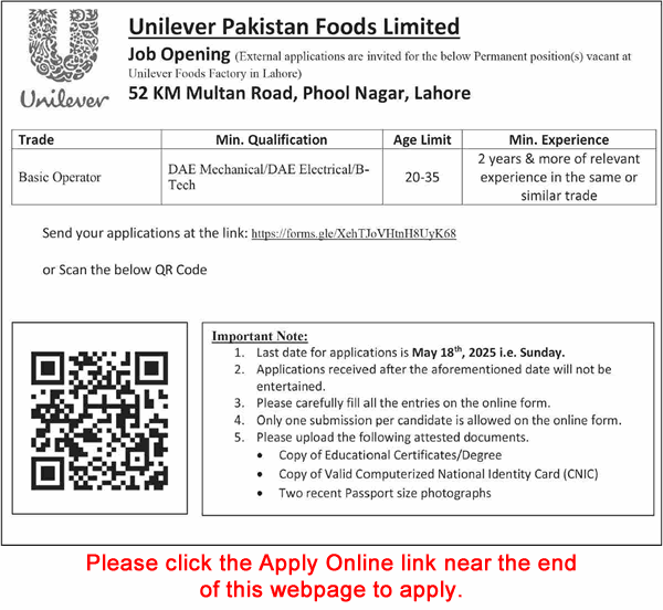 Basic Operator Jobs in Unilever Pakistan Foods Factory Lahore May 2025 Apply Online Latest