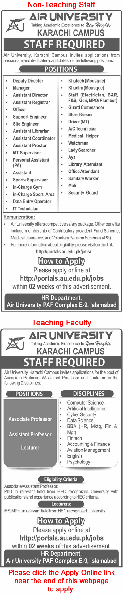 Air University Karachi Campus Jobs May 2025 Apply Online Teaching Faculty & Others Latest