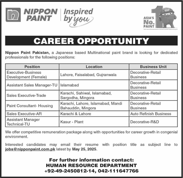 Nippon Paint Pakistan Jobs 2025 May Sales Executives, Paint Consultants & Others Latest