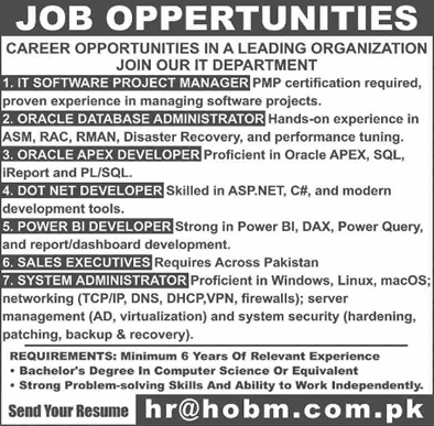 HOBM Pvt Ltd Karachi Jobs 2025 May Software Engineer, Sales Executive & Others Latest