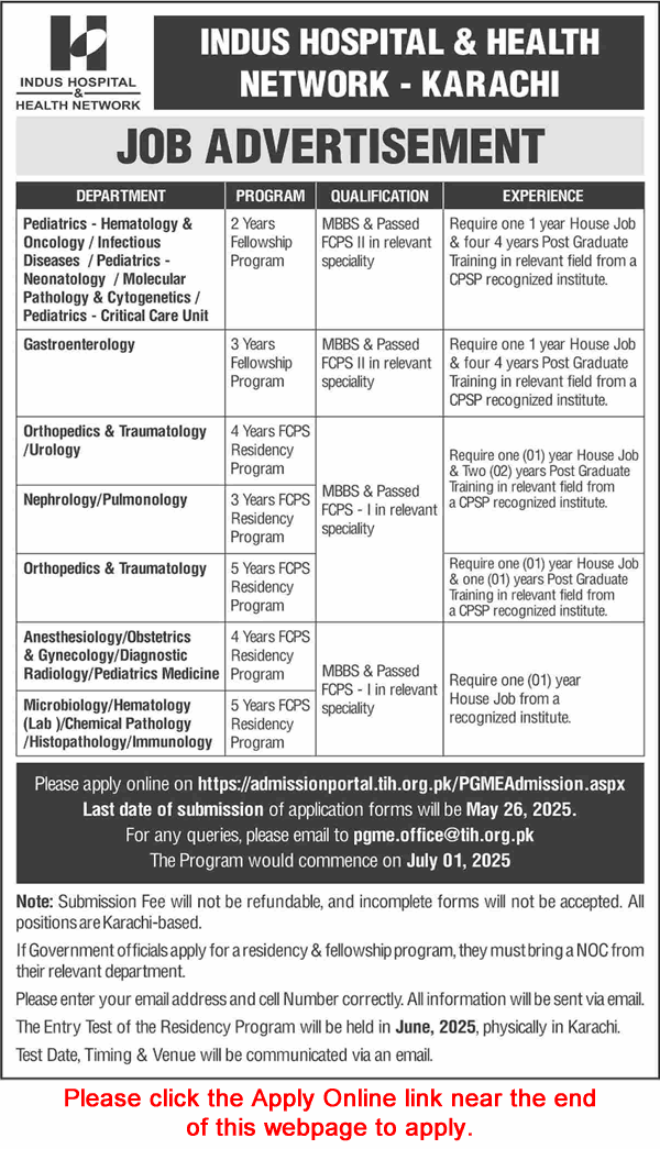 Indus Hospital Karachi Fellowship / Residency Program May 2025 Apply Online PGME Latest