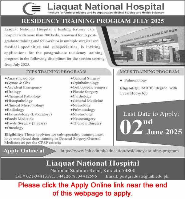 Liaquat National Hospital Karachi Residency Training Program 2025 May Apply Online Latest