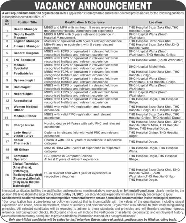 NGO Jobs in KPK May 2025 Nurses, Clinical Technicians, Medical Officers & Others NMD Latest