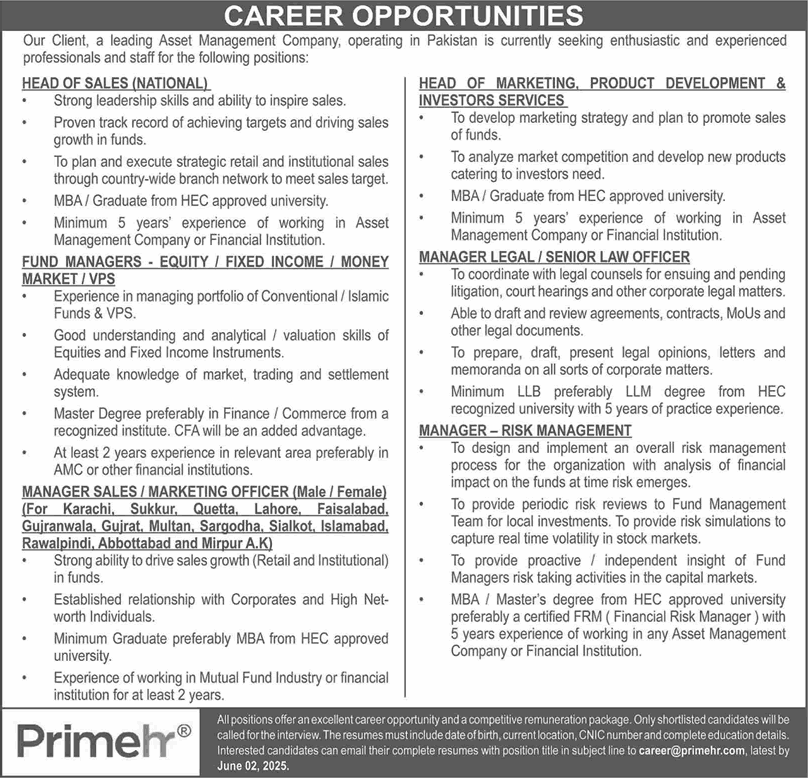 Prime HR Jobs 2025 May Sales / Marketing Managers & Others Asset Management Company Latest
