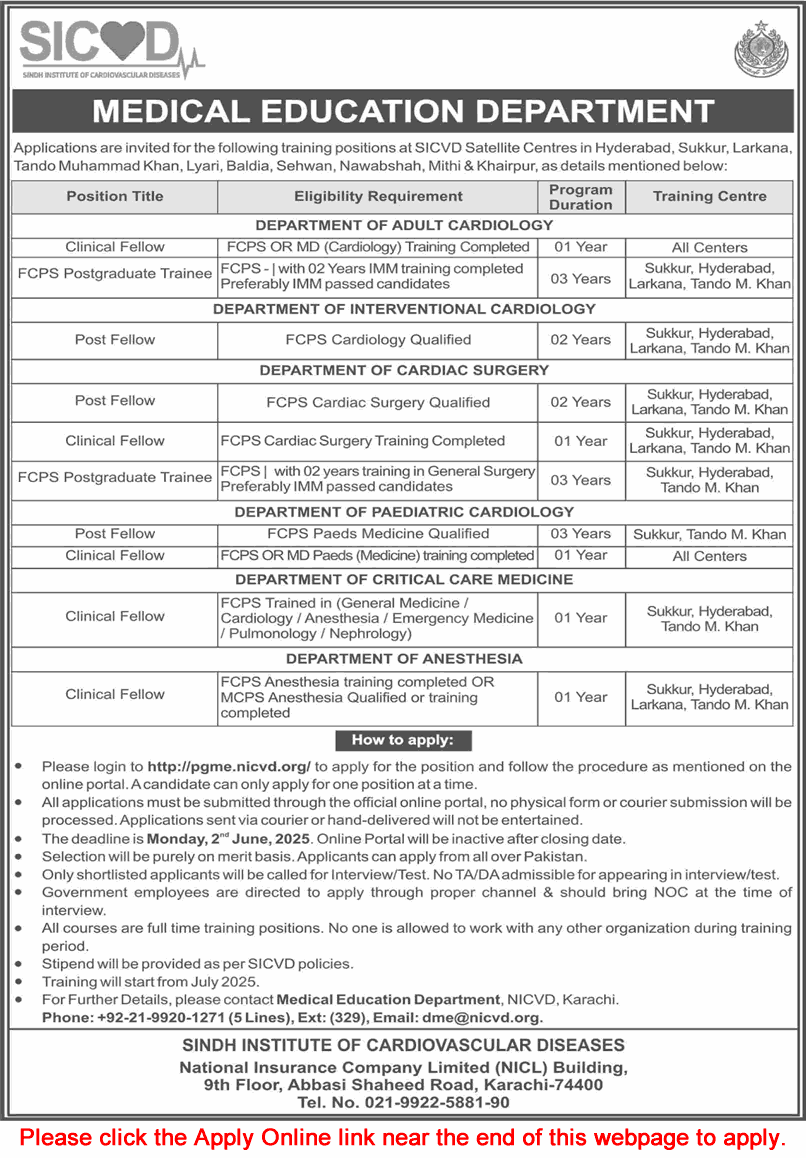 SICVD Jobs May 2025 Apply Online Postgraduate Trainees & Clinical Fellows Latest