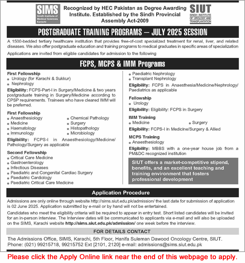 SIUT Karachi Postgraduate Training Program 2025 May Apply Online SIMS Latest