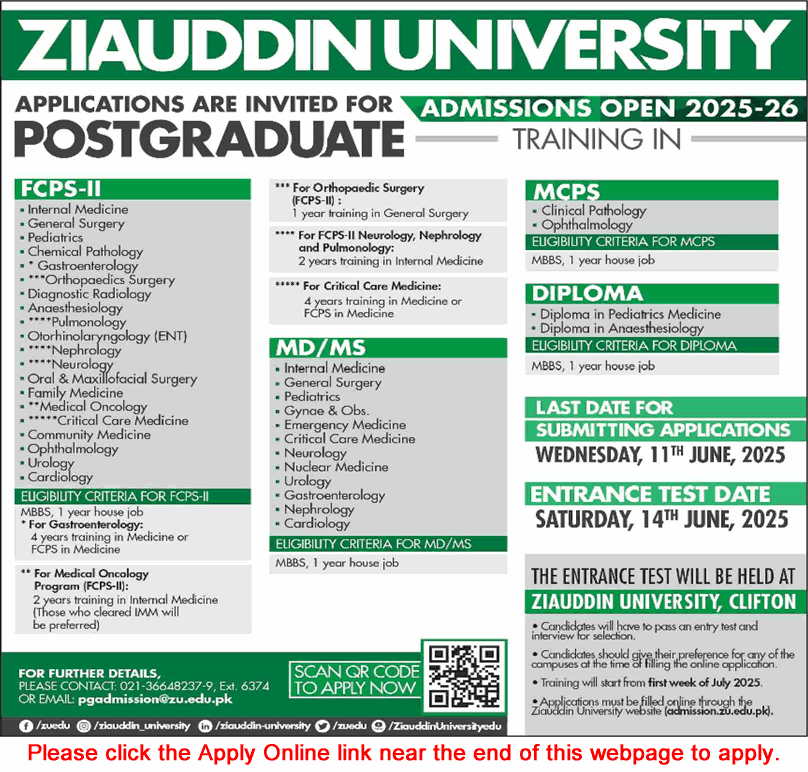 Ziauddin University Karachi Postgraduate Training 2025 May Apply Online Latest