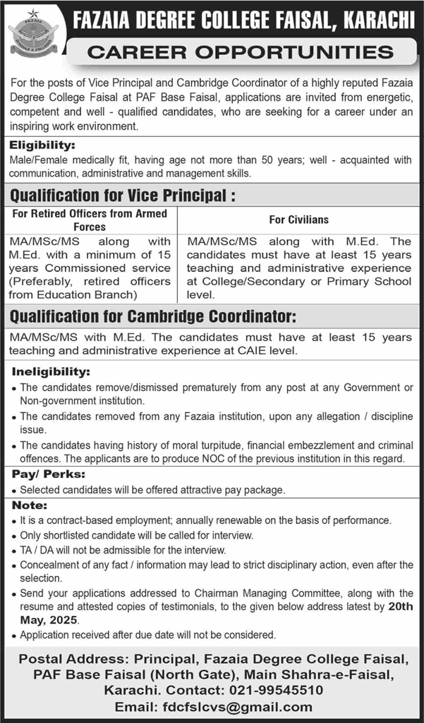 Fazaia Degree College Faisal Karachi Jobs May 2025 Vice Principal & Cambridge Coordinator Latest