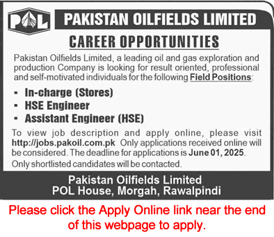 Pakistan Oilfields Limited Jobs May 2025 June Apply Online HSE Engineers & Store Incharge POL Latest