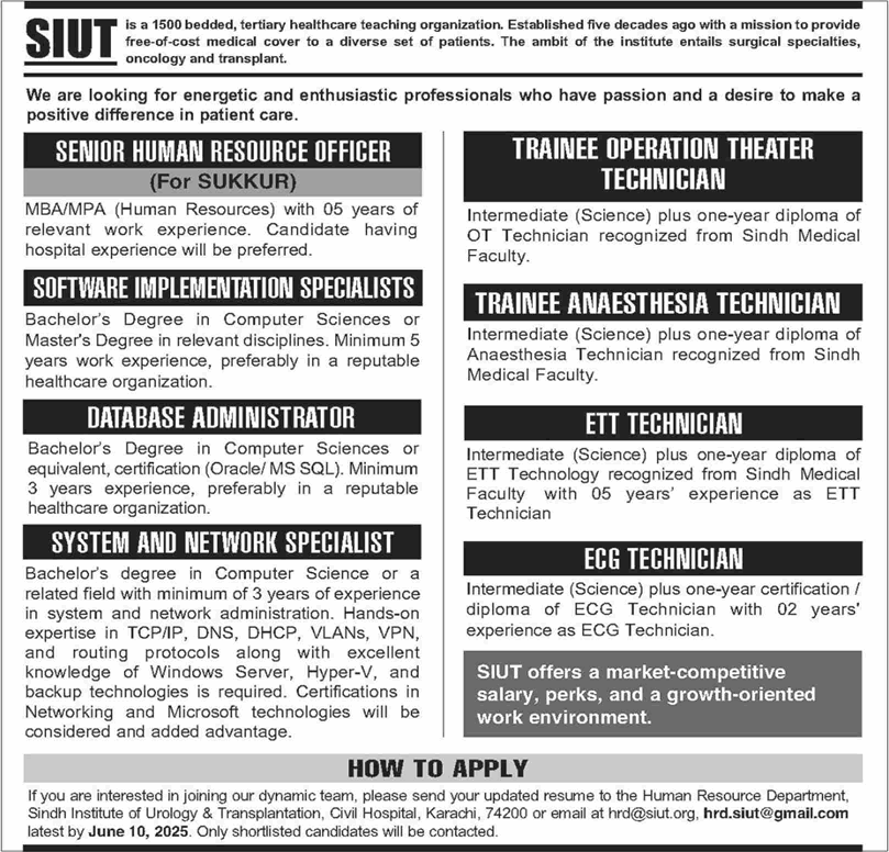 SIUT Hospital Karachi / Sukkur Jobs May 2025 June Trainee OT / Anesthesia Technicians & Others Latest