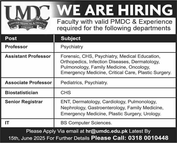 United Medical and Dental College Karachi Jobs 2025 May / June Teaching Faculty & Others UMDC Latest