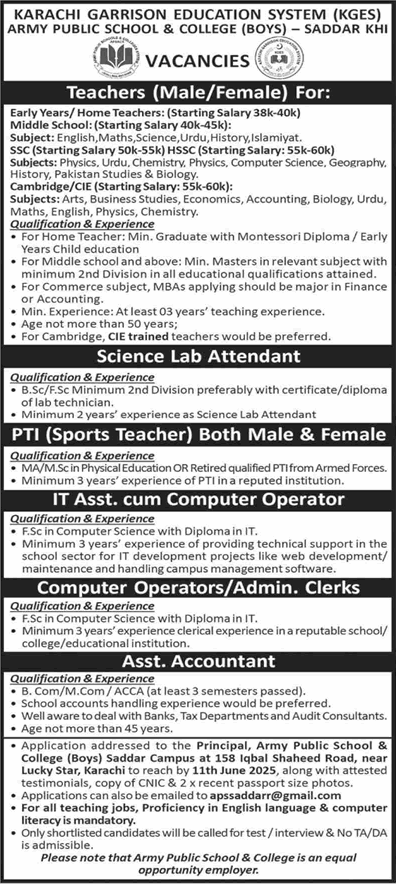 Army Public School and College Saddar Karachi Jobs June 2025 Teachers & Others Karachi Garrison Education System APS&C Latest