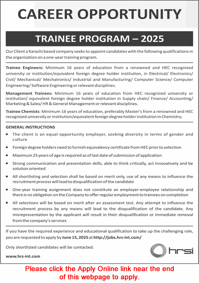 HRSI Pakistan Jobs June 2025 Apply Online Trainee Engineers & Management Trainees Latest