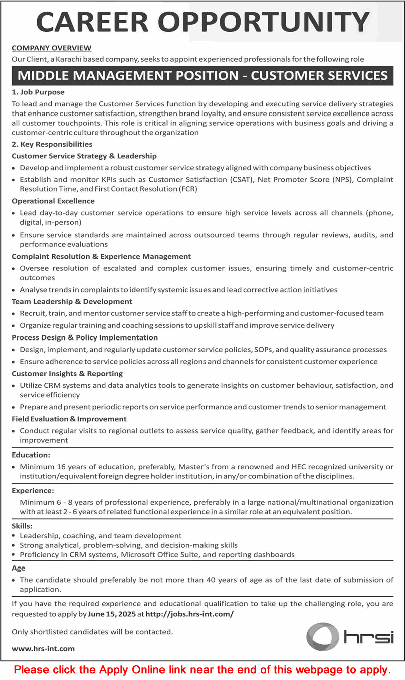 Customer Services Officer Jobs in HRSI Pakistan Karachi June 2025 Apply Online Middle Management Position Latest