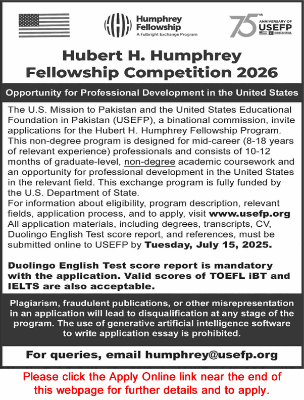 Hubert H. Humphrey Fellowship Program 2025 / 2026 USEF Pakistan Apply Online Latest