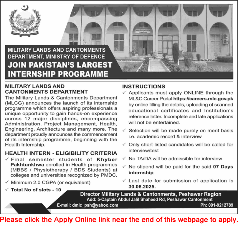 Military Lands and Cantonments Department Peshawar Internship Program June 2025 Apply Online Health Intern Jobs Latest