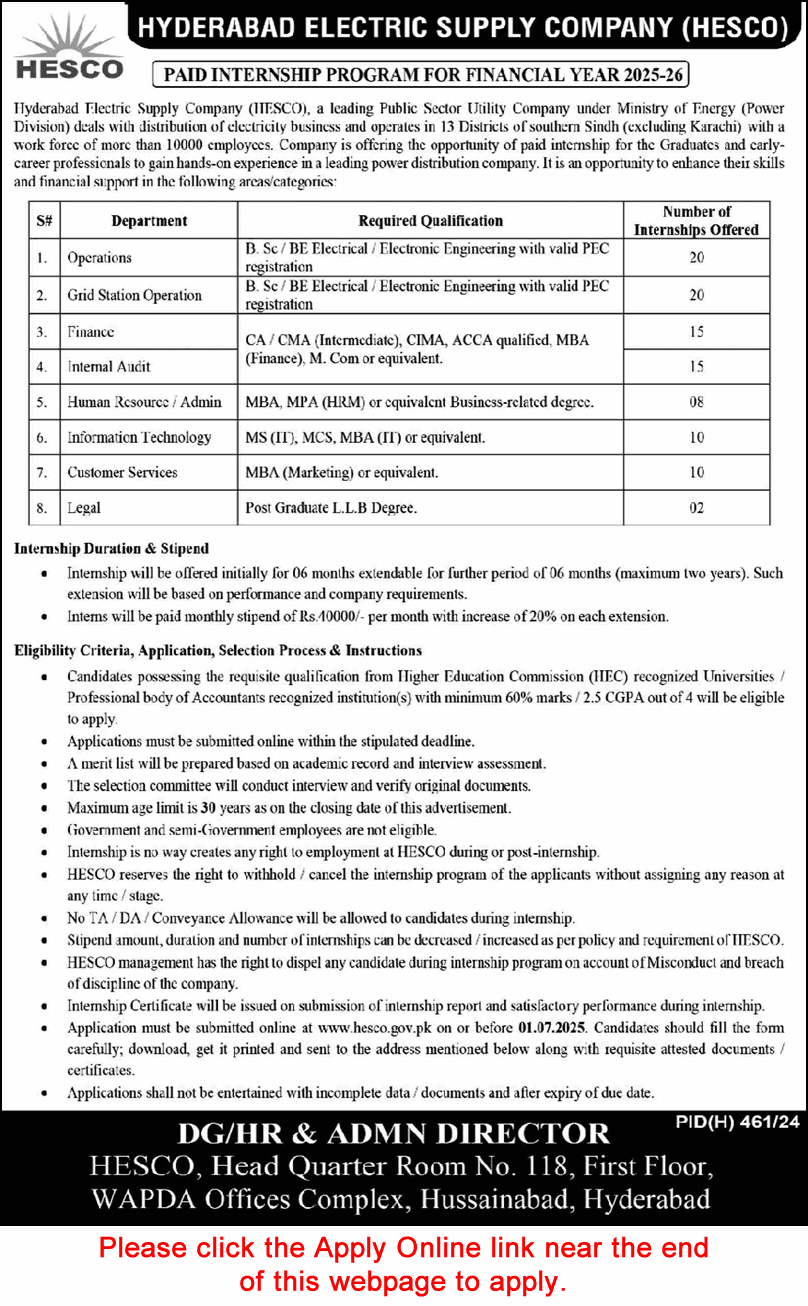 HESCO Paid Internship Program June 2025 Apply Online WAPDA Hyderabad Electric Supply Company Latest