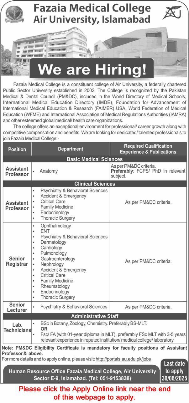 Fazaia Medical College Islamabad Jobs 2025 June Apply Online Teaching Faculty & Lab Technician Air University Latest
