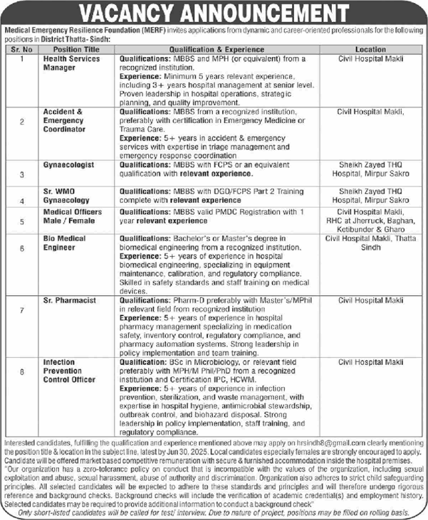 MERF Sindh Jobs 2025 June Medical Officers & Others Medical Emergency Resilience Foundation Latest