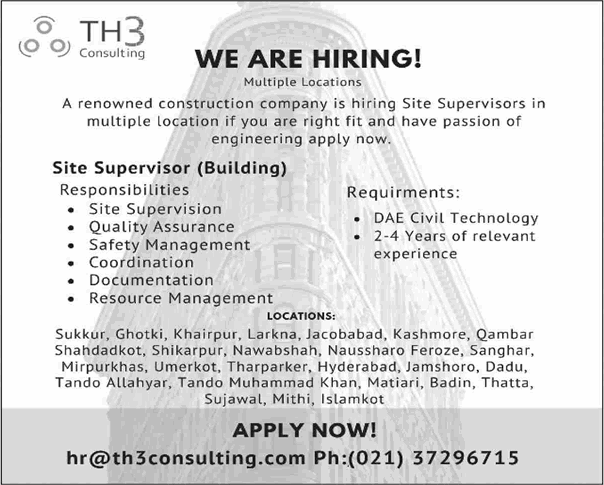 Construction Company Jobs in Pakistan June 2025 Site Supervisors TH3 Consulting Latest