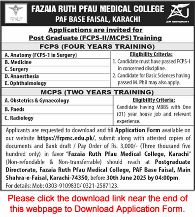 Fazaia Ruth PFAU Medical College Karachi FCPS / MCPS Postgraduate Training June 2025 Application Form PAF Latest