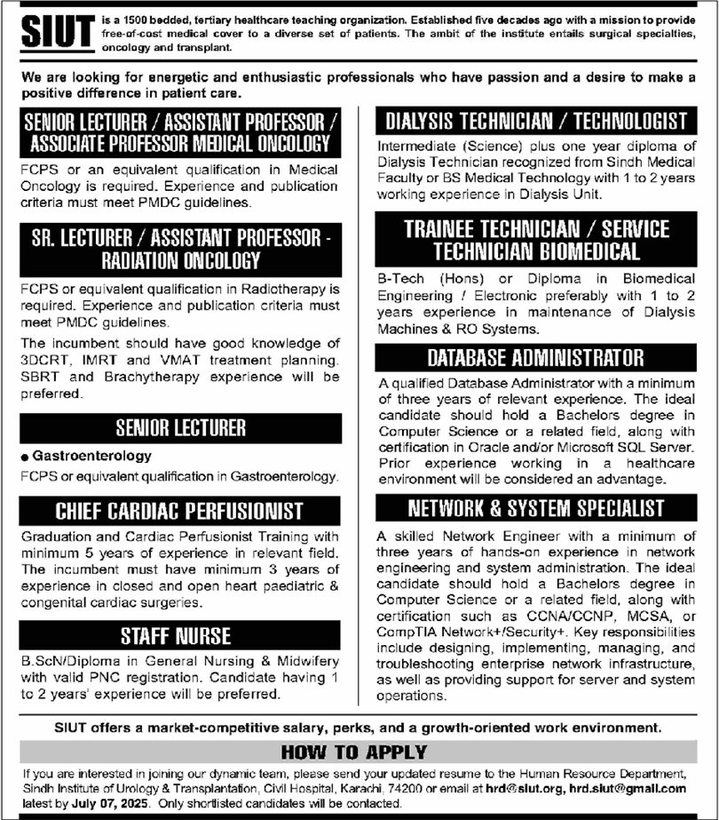 SIUT Hospital Karachi Jobs June 2025 Teaching Faculty, Staff Nurses, Technicians & Others Latest