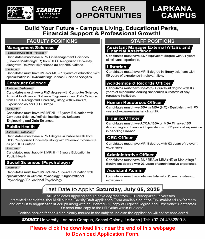 SZABIST University Larkana Campus Jobs 2025 June Application Form Teaching Faculty & Others Latest
