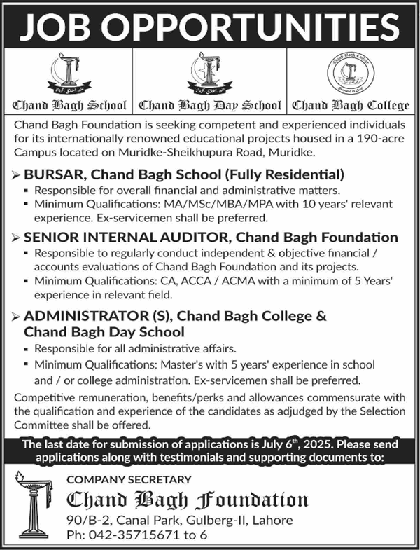 Chand Bagh Foundation Muridke Jobs 2025 June Administrators, Internal Auditor & Bursar Latest