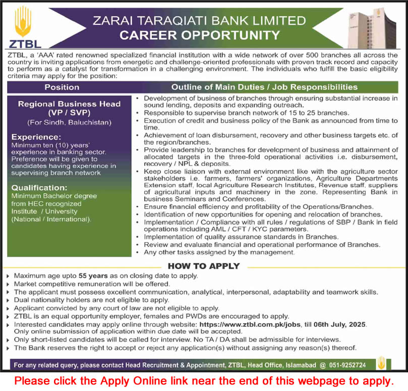 Regional / Business Head Jobs in ZTBL June 2025 Apply Online Zarai Taraqiati Bank Limited Latest