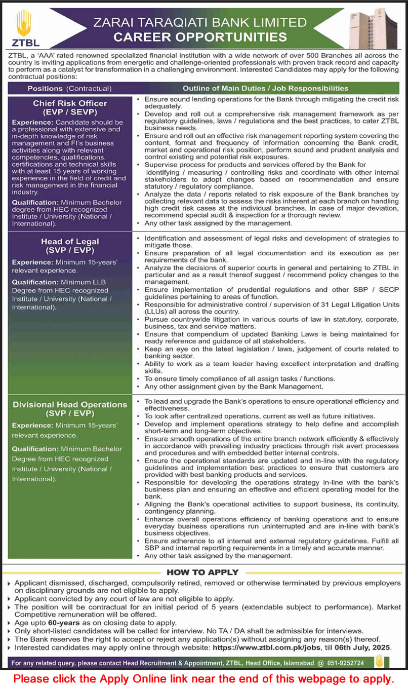 ZTBL Jobs June 2025 Apply Online Chief Risk Officer, Legal Head & Divisional Head Operations Latest