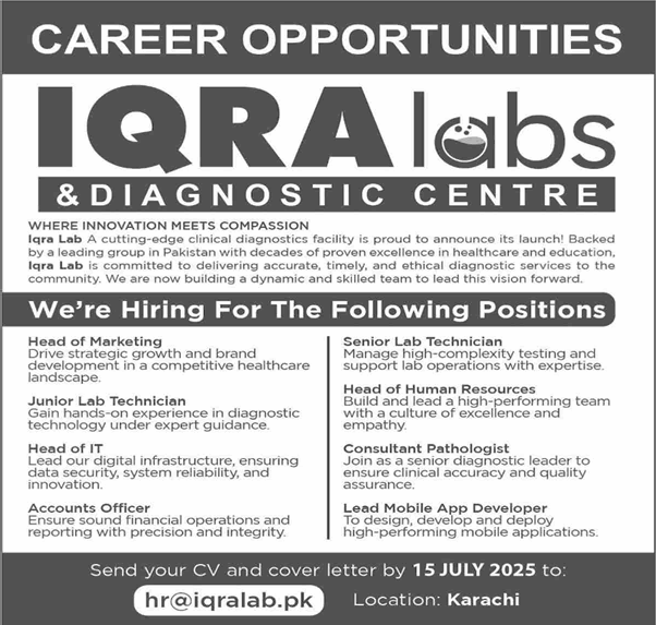 Iqra Labs and Diagnostic Centre Karachi Jobs 2025 June / July Mobile App Developer, Lab Technicians & Others Latest