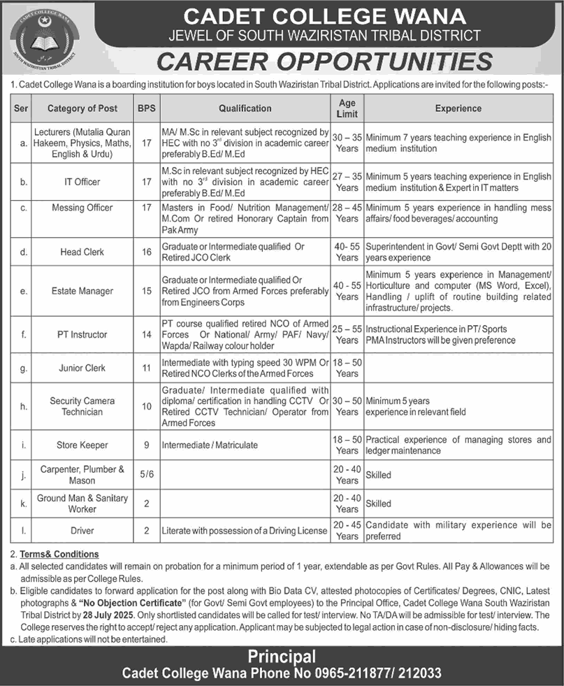 Cadet College Wana Jobs 2025 July Lecturers, IT Officer, Clerks & Others Latest
