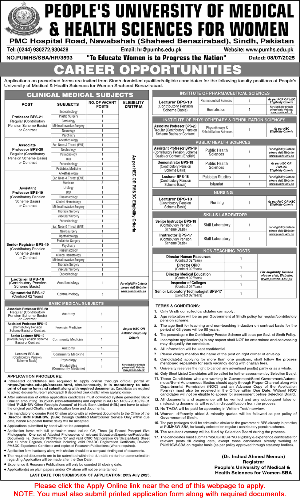 PUMHS Nawabshah Jobs July 2025 Online Application Form Peoples University of Medical and Health Sciences for Women Latest