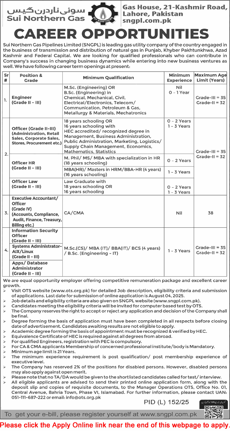 SNGPL Jobs July 2025 OTS Apply Online Engineers, Officers & Others Sui Northern Gas Pipelines Limited Latest