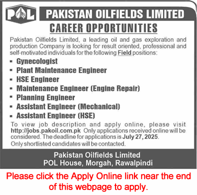 Pakistan Oilfields Limited Jobs July 2025 Apply Online Mechanical Engineer & Others POL Latest