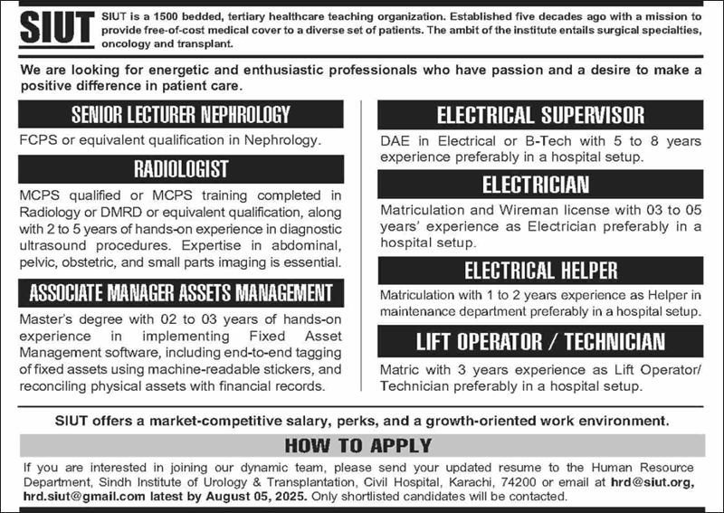 SIUT Hospital Karachi Jobs July 2025 Lecturer, Associate Manager & Others Latest