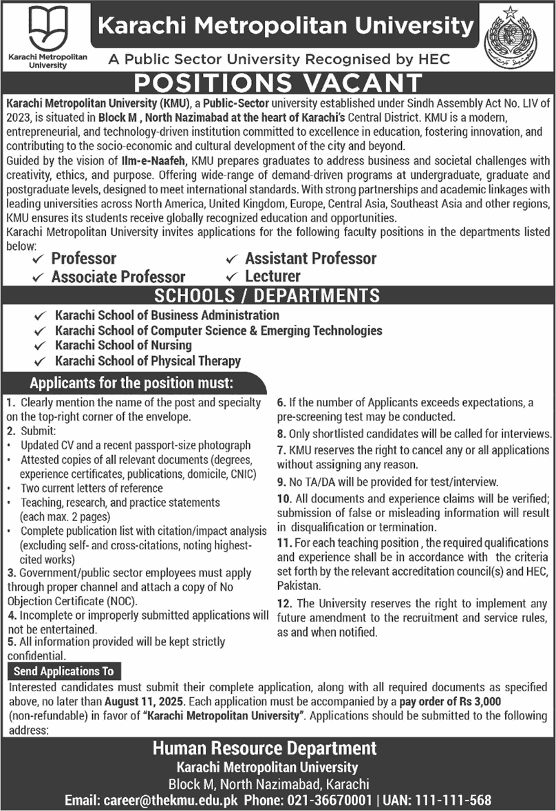 Karachi Metropolitan University Jobs July 2025 August Teaching Faculty KMU Latest