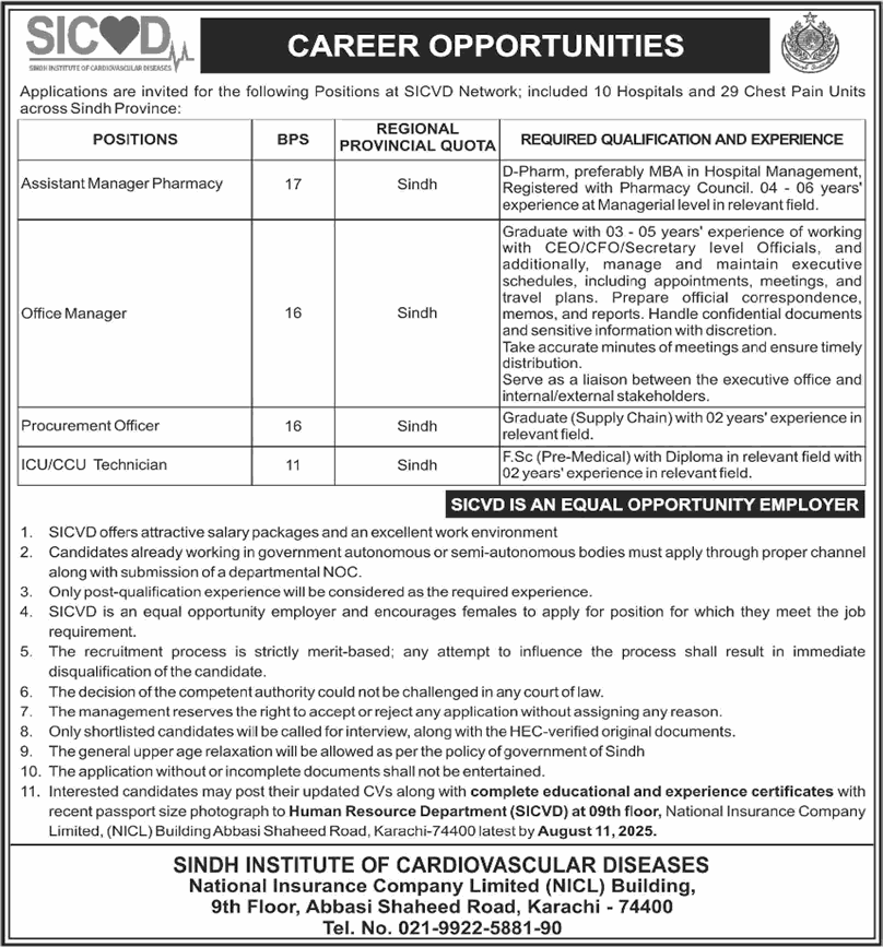 SICVD Jobs July 2025 August ICU / CCU Technicians & Others Sindh Institute of Cardiovascular Diseases Latest