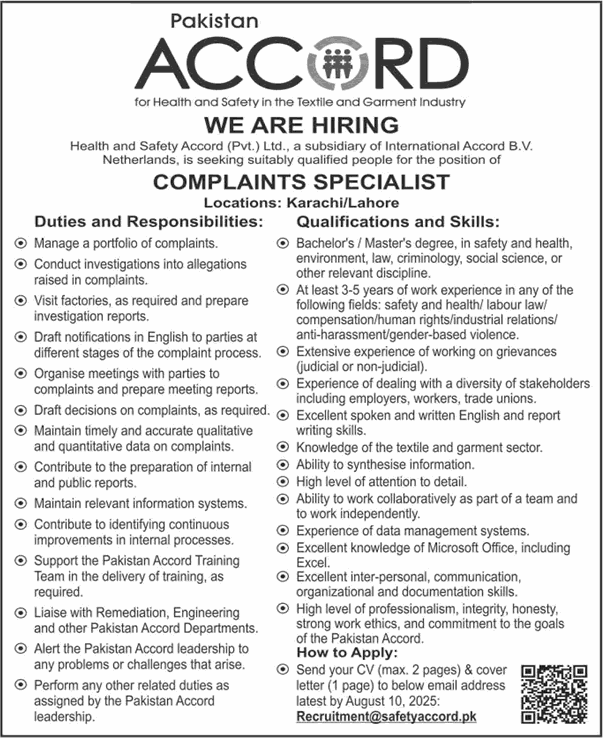 Complaints Specialist Jobs in Health and Safety Accord Pvt Ltd Karachi / Lahore August 2025 Latest