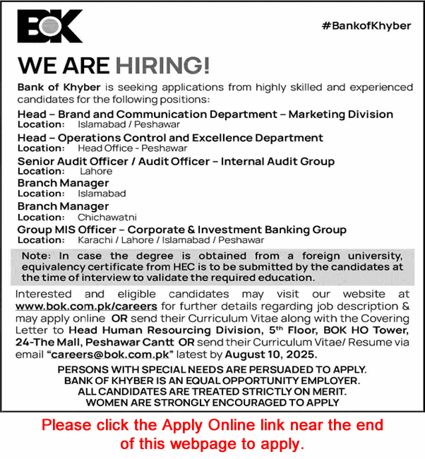 Bank of Khyber Jobs August 2025 Apply Online MIS Officers, Branch Managers & Others BOK Latest