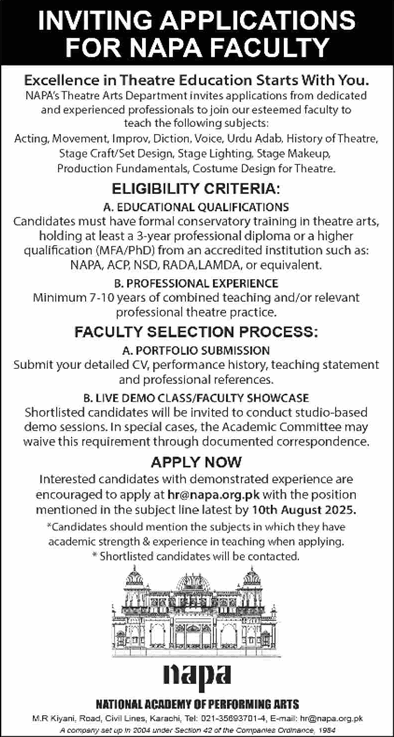 NAPA Karachi Jobs August 2025 Teaching Faculty National Academy of Performing Arts Latest