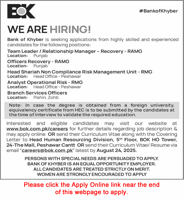 Bank of Khyber Jobs August 2025 Apply Online Branch Services Officers & Others BOK Latest