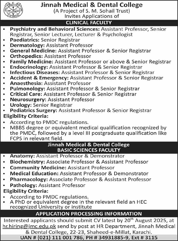 Jinnah Medical and Dental College Karachi Jobs August 2025 Teaching Faculty JMDC Latest