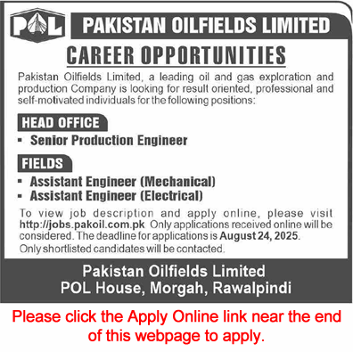 Pakistan Oilfields Limited Jobs August 2025 Apply Online Mechanical / Electrical Engineers & Others POL Latest