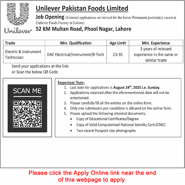 Electric & Instrument Technician Jobs in Unilever Pakistan Foods Limited Lahore August 2025 Apply Online Latest
