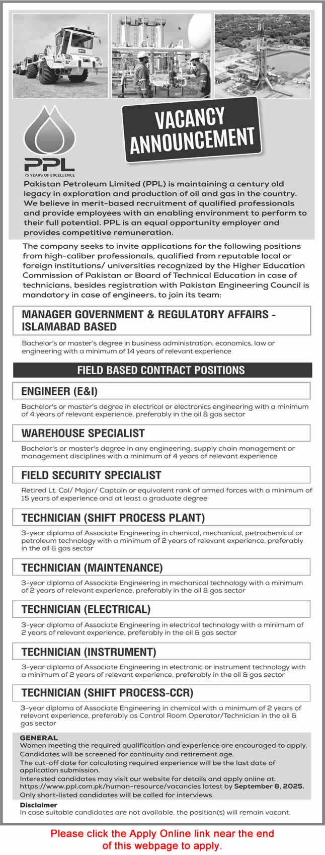 Pakistan Petroleum Limited Jobs August 2025 PPL Apply Online Technicians & Others Latest
