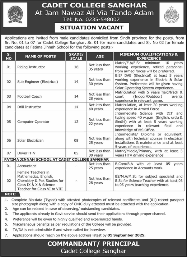 Cadet College Sanghar Jobs August 2025 Teachers, Computer Operator & Others Latest